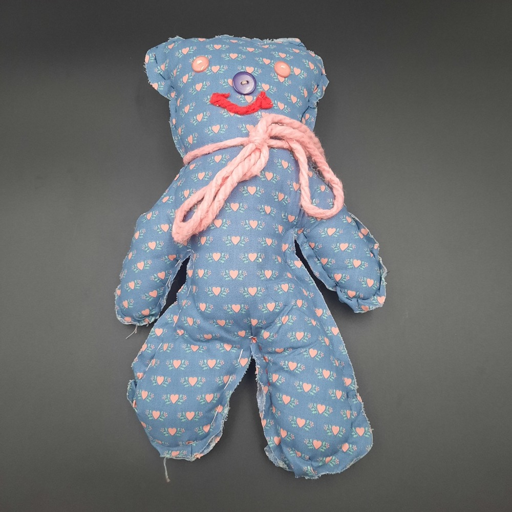 Handmade Blue Heart Print Rag Doll Bear with Pink Yarn Bow &‎ Button Face – 12"